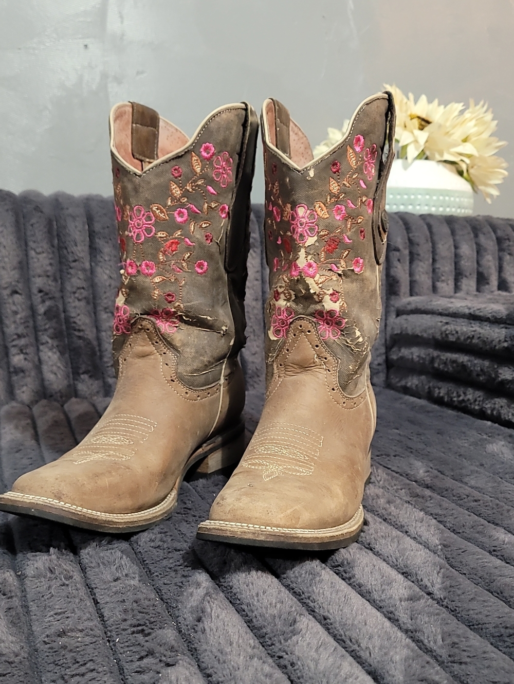 Embroidered Brown Women's Cowboy  Boots with Pink Floral Accents